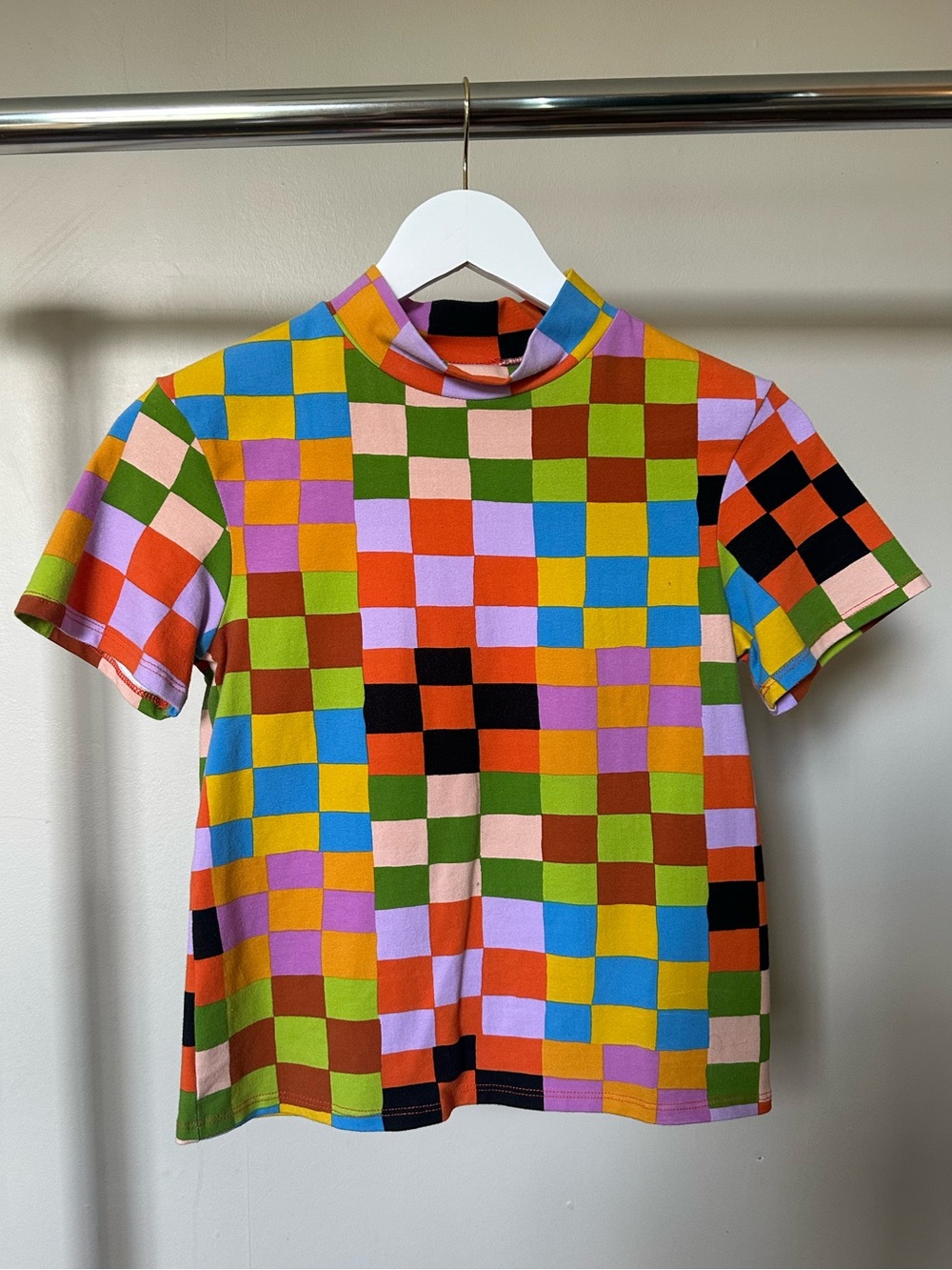 Nooworks Multicolor Checkered Short-Sleeve Mock Neck Tee